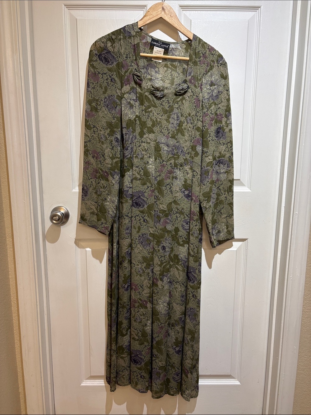 VTG Carole Little L Olive Green Floral Long-Sleeve Midi Dress WHIMSIGOTH fall